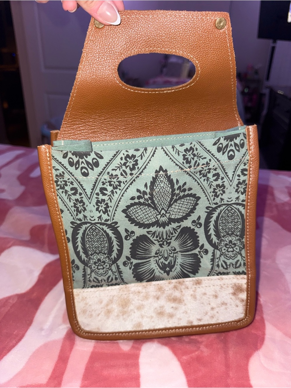 Myra Bag Mint Green Floral Canvas Wine Caddy Bag with Tan Trim